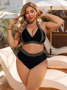 Swim Lushoire Summer 2pcs Plus Size Women Halter Tie-Up Solid Color Triangle Cup Bikini Set, Mature-Look Swimwear - Black - View 5