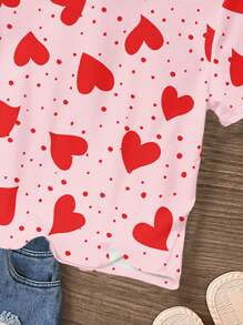SHEIN Cute Handpainted Heart Print, Pink & Red, Young Girl Casual Simple Round Neck Short Sleeve T-Shirt, Suitable For Summer - Multicolor - View 4