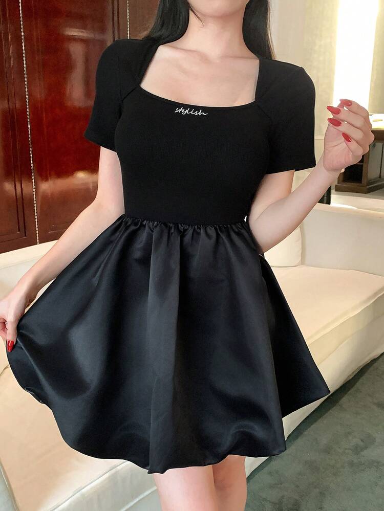 Women's Bubble Waist Short Sleeve Casual Mini Dress, Simple Design Sundress