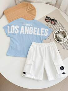 SHEIN Leap Crew 2pcs/Set Young Boys Casual Street Style Los Angeles Letter Graphic Loose Fit Crew Neck T-Shirt And Sports Shorts Summer Set - Baby Blue - View 1
