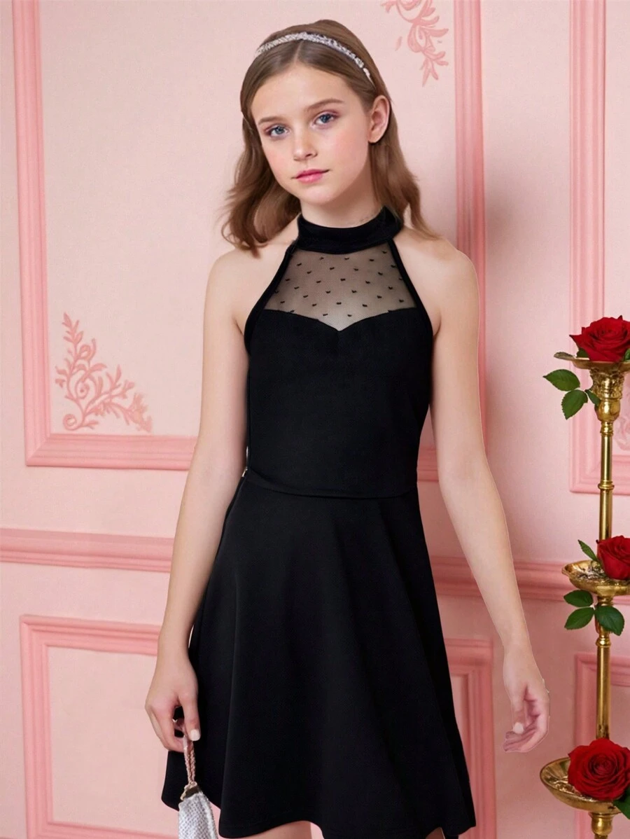 SHEIN Leap Crew Tween Girl 可爱黑色情人节撞色网眼无袖连衣裙，夏季 - 黑色 - 查看 1