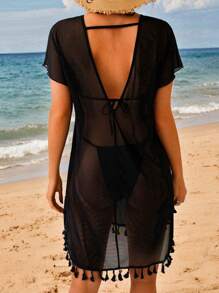 Swim Lushoire Vestido de cubrir con mangas cortas, bajo con flecos y malla para mujer, ideal para vacaciones en la playa de verano - Negro - Ver 2