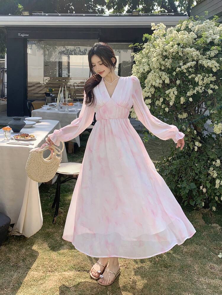 Women's Korean Style Casual Chiffon Flowy Mid-Length Dress,Fall Dress Long Sleeve Dress