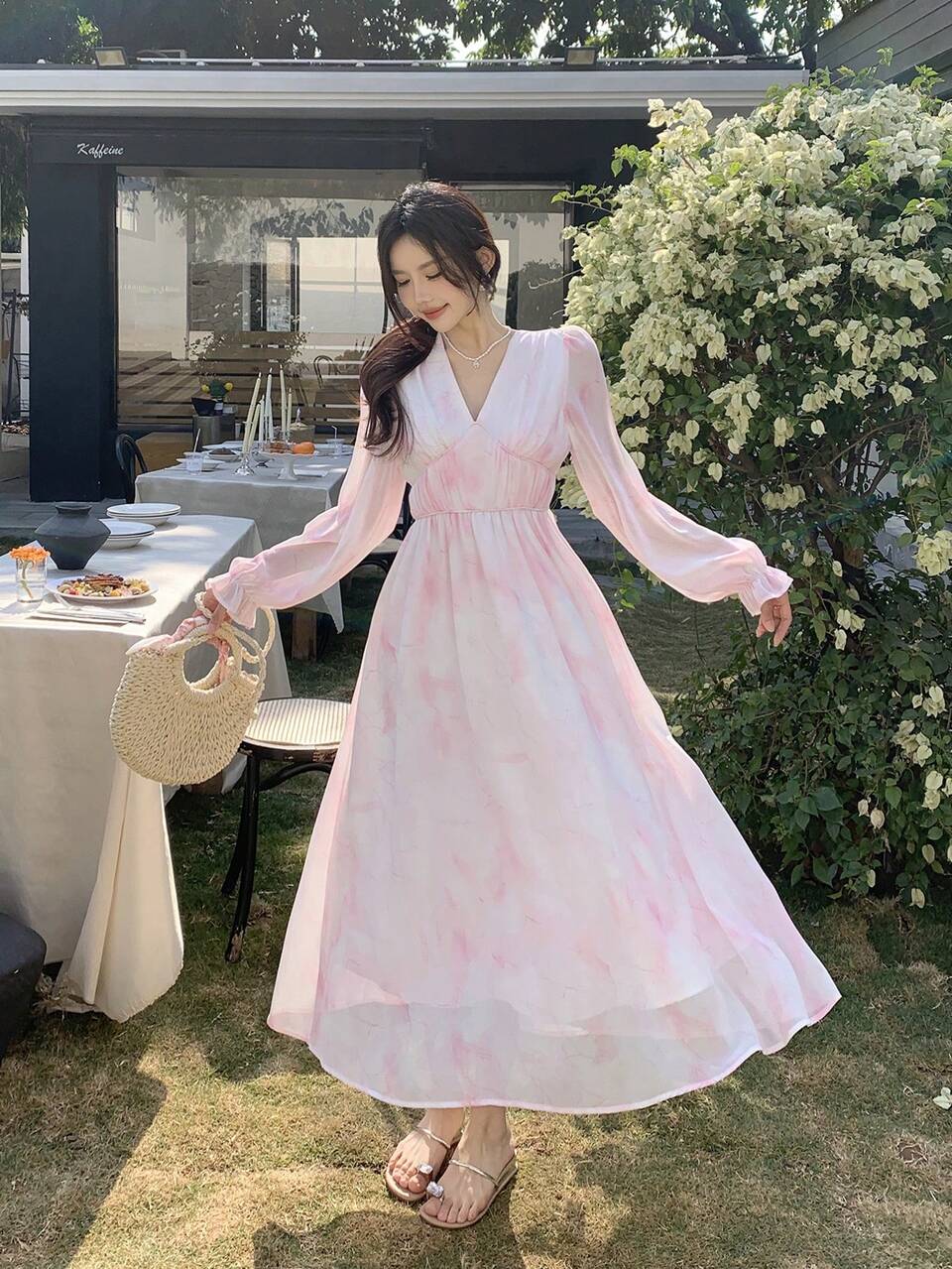 Women's Korean Style Casual Chiffon Flowy Mid-Length Dress,Fall Dress Long Sleeve Dress