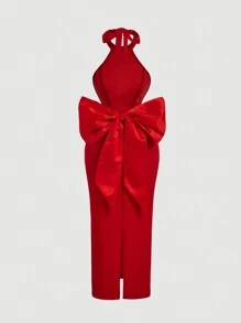 SHEIN MOD Vestido de mujer con escote halter y lazo en la espalda en color rojo, vestido elegante y clásico para el Día de San Valentín, vestido de cumpleaños para mujeres, atuendo sexy para club, vestido para invitada de boda, vestido para cita nocturna