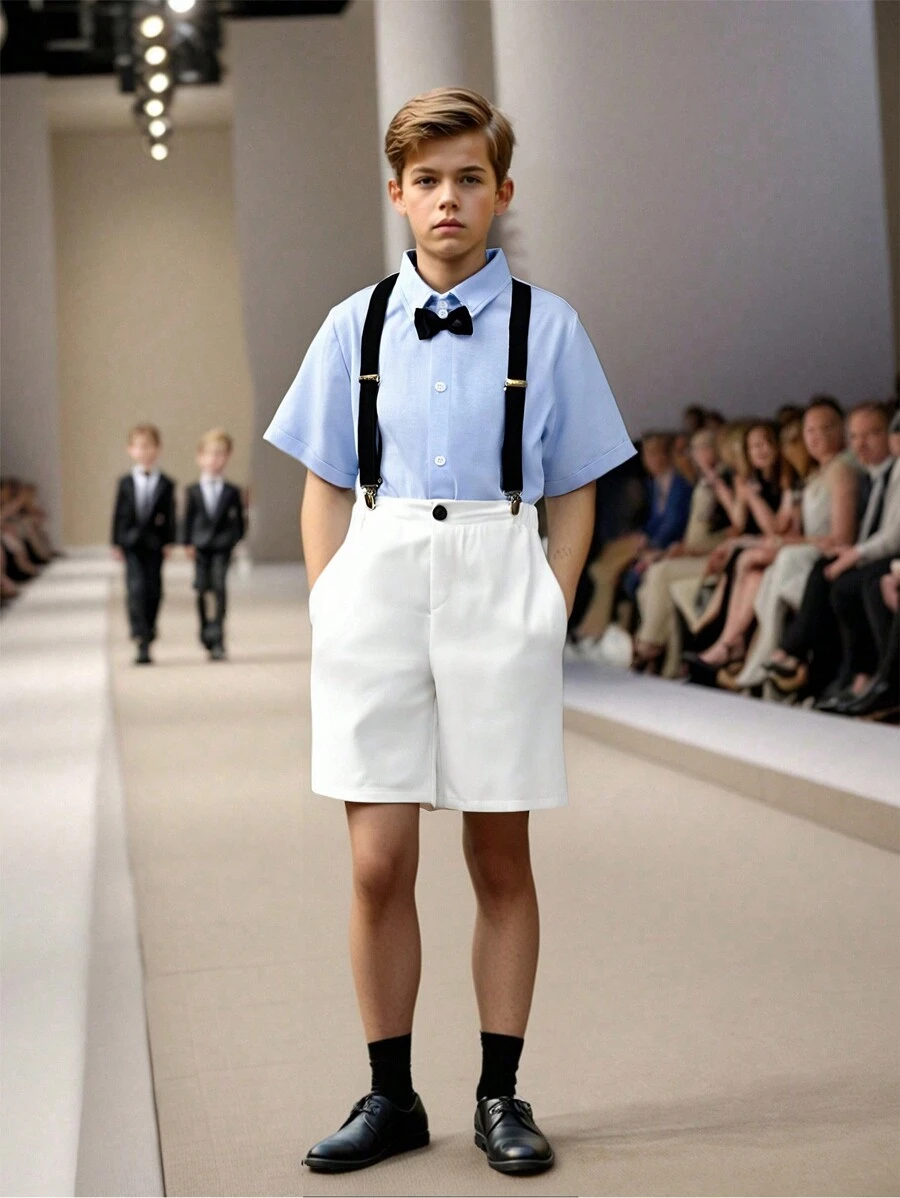 Ensemble chemise à col polo avec nœud papillon + short à bavette, style gentleman, tenue décontractée coordonnée pour l'école pour pré-adolescents - Blanc - Voir 1