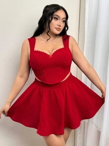 SHEIN ICON Plus Size Sweetheart Neck Lace Trim Fitted Top & A-Line Skirt 2 Pieces Set, Princess Dress, Suitable For Valentine's Day - Red - View 4