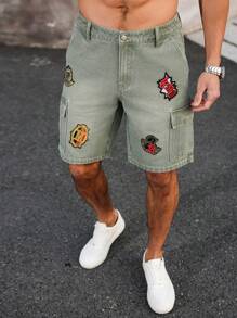 Manfinity LEGND 男士简约纽扣前口袋休闲牛仔短裤，日常穿着 - 綠色 - 查看 5