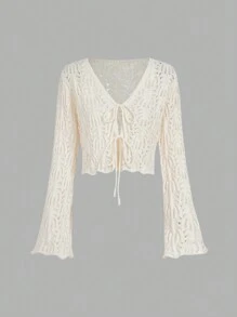 SHEIN MOD Cárdigan de punto con mangas de trompeta huecas y nudo delantero, estilo vacacional color albaricoque, ropa bohemia, cárdigan de primavera, ropa de campo, cárdigan elegante