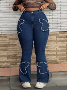 Slaydiva Plus Size Stretchy Vintage Wash Butterfly Patch Flared Jeans - Dark Wash - View 6