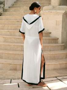 Swim Chiccia 游泳夏季海滩度假服装女士黑白连帽和服 - 白色 - 查看 2