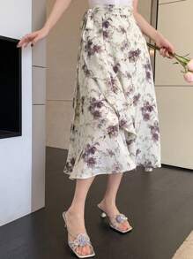 DAZY 1pc Women's Floral Ruffles A-Line Skirt - Purple - View 6