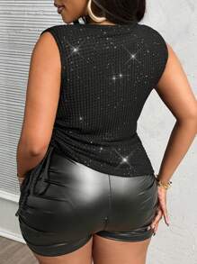 Slaydiva Women Plus Size Basic Solid Black Drawstring Shiny Stretchy Knit Tank Top - Black - View 2