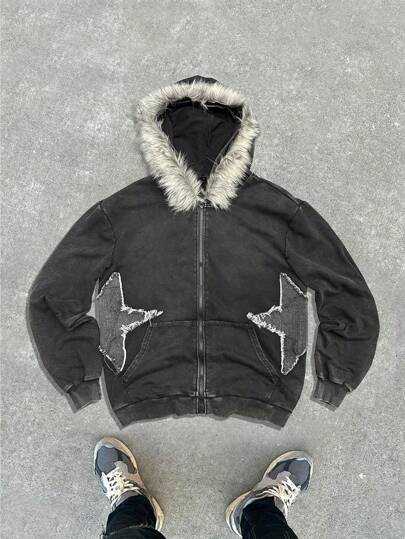 Grunge Punk هودي كاجوال بسوستة أمامية وجيب للرجال ذو أكمام طويلة