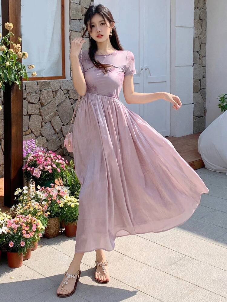 Women's Tie-Dye Round Neck Hollow Out Colorblocked Long Dress Maxi Dress