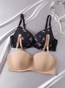 2pcs Plus Size Women Contrast Lace Comfortable Underwire Lingerie Bra Set - Multicolor - View 1