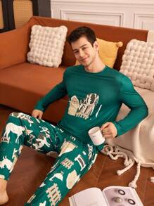 Happy Jammies Conjunto de pijama de pantalón largo y top de manga larga con estampado de vaca para hombre