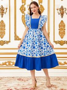 SHEIN Leap Crew Elegant Patchwork Mini Ditsy Floral Decor Flared Dress With Cap Sleeves For Teen Girls, Blue - Navy Blue - View 5