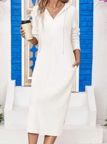 Vestido de punto de manga larga con capucha de color albaricoque para mujer