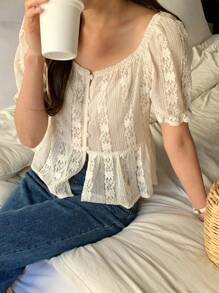 DAZY Jednolita koronkowa bluzka damska z krótkim rękawem, dopasowana na lato, top typu babydoll