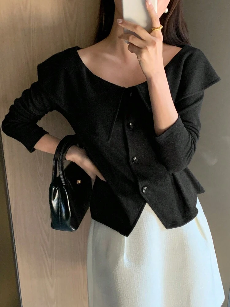 Women's Solid Color Single-Breasted Long Sleeve Oversized Lapel Off Shoulder Tee