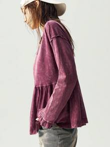 Bohemela 休闲纯色针织圆领落肩长袖宽松腰部褶皱设计女士运动衫 - 紅色 - 查看 4