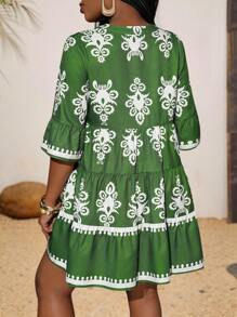 Slaydiva Vestido corto de mujer de manga corta, cuello alto, abotonado, con patrón de costura multicapa, elegante y casual, ideal para primavera y verano