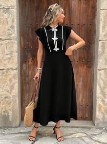 Chiquease Vestido de unicolor con cuello mao, volantes en el bajo y contraste de color, estilo chino moderno para mujer - Negro - Ver 7