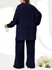 EURMUSE 2pcs/Set Solid Color Turn-Down Collar Sweater And Long Pants Outfit - Navy Blue - View 2