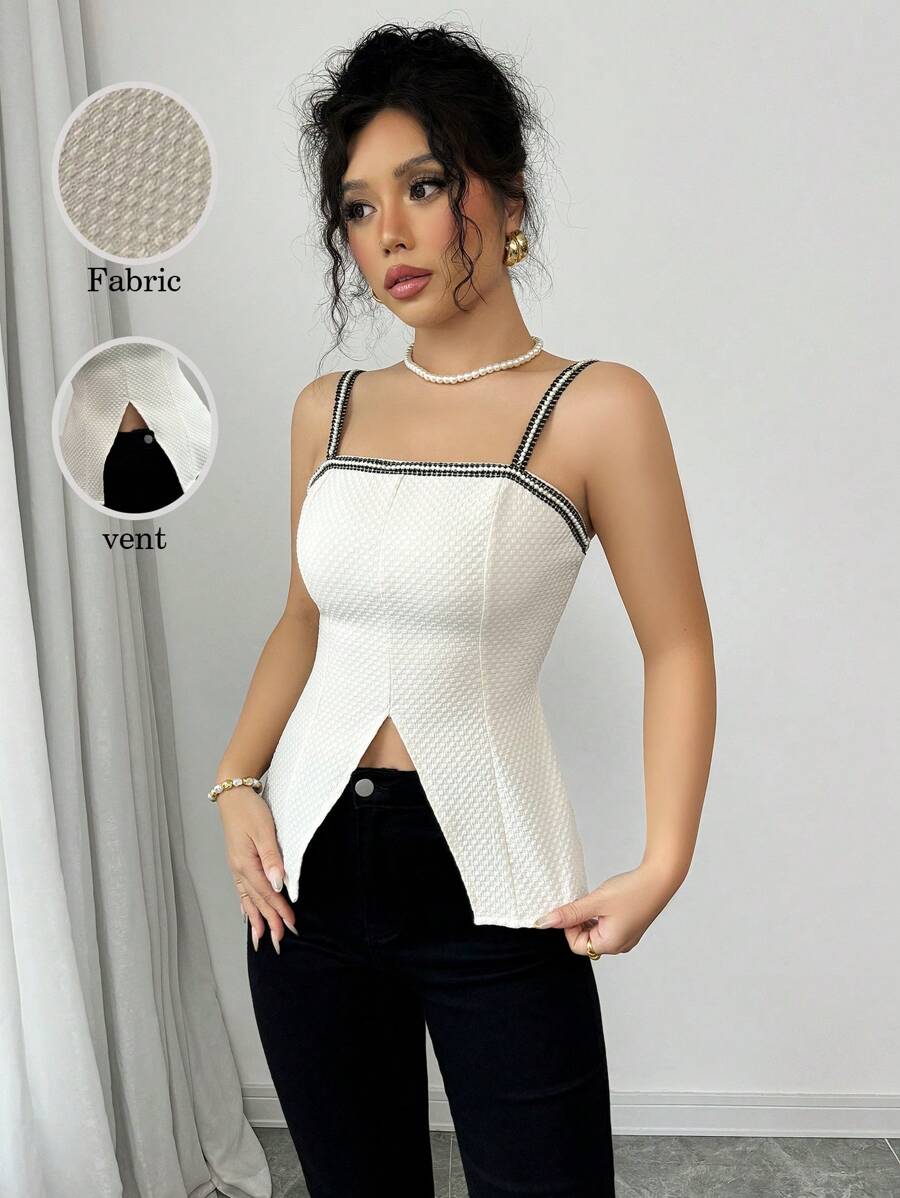 Elenzga Women Contrast Color Stitching Minimalist Spaghetti Strap Camisole, Casual Daily Wear - Apricot - View 1