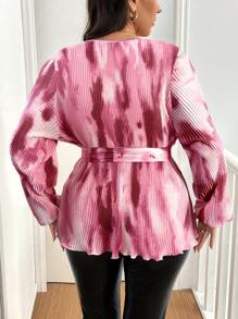 Vionelle 加大码前系带长袖简约衬衫，新年休闲日常穿着荷叶边上衣 - 粉色 - 查看 2