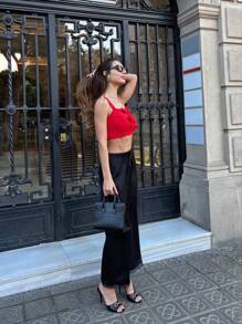 Pariaura Pantalon droit couleur unie, décontracté et ample, taille basse pour femmes - Noir - Voir 3