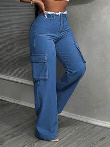 SHEIN Slayr 女式前扣口袋磨边下摆中腰直筒牛仔裤 - 淺色水洗藍 - 查看 6