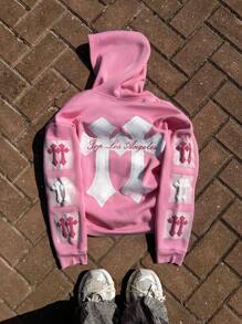Manfinity EMRG Men's Ins Fashion Street Style Cross Embossed Print And Large Back Print Long Sleeve Zipper Placket Patch Pocket Hooded Sweatshirt, Zipper Placket Design Is Easy To Put On And Take Off, Large Print Pattern Design, It Is A Must-Have Hoodie For Street Fashion People. Suitable For Daily Wear, Going Out, School, Shopping. Can Be Given To Friends And Boyfriends. - Pink - View 3
