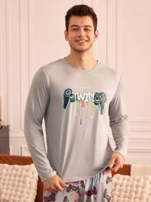 Men's Christmas Round Neck Long Sleeve Printed Simple Shirt And Pants Pajama Set - Grey - View 5