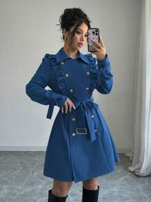 Elenzga Double-Breasted Cinched Waist Princess Seam Fitted Metal Button Ruffle Hem Trench Coat - Blue - View 4