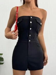 SHEIN Unity 休闲风格编织左右口袋，正面和中心彩色纽扣闭合，合身女式连体衣 - 黑色 - 查看 4