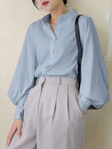 DAZY Women's Solid Color Front Button Long Sleeve Casual Business Blouse,Fall Clothes - Blue - View 3