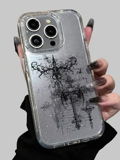 Goth 1 pezzo Custodia telefonica vintage nera e trasparente con teschio gotico e croce, glitterata