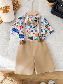 2 件套年轻男孩可爱有趣的人物、花朵、小狗、卡通印花 Polo 衫和可拆卸背带短裤绅士套装 - 彩色 - 查看 5