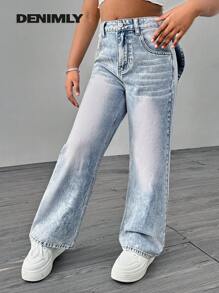 Sparklyn Tween Girl Urban Street Bold Party Wear All Year Must-Have Light Wash Brianca Bow Detail Relax Wide Leg Jeans With Adjustable Waist, Flat Pockets And Zip Front Fastening, School, Campus, College - Light Wash - View 5