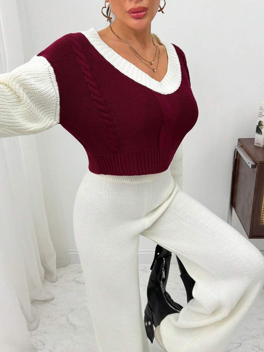 EURMUSE Women Cable Knit Pattern V-Neck Pullover & Sweater Pants Set - Multicolor - View 1