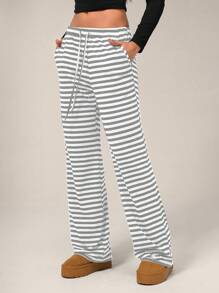 Forever 21 秋冬款松紧腰抽绳宽松休闲居家长款条纹针织裤 - 灰色 - 查看 5