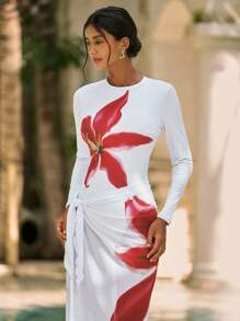 Swim Shayni Summer Women's Floral Print Crew Neck Long Sleeve One-Piece Swimsuit - White - View 3