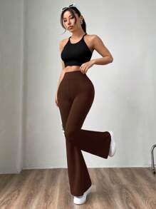 SHEIN EZwear 大码女式吸湿排汗高腰巧克力棕色针织喇叭紧身裤，百搭又显瘦