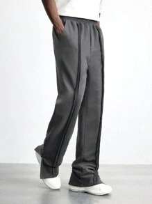 Maija 男士 2025 年春夏灰色撞色拼接宽松直筒裤，带侧袋和下摆开衩，日常休闲穿着，通勤风格，适合节日、新年聚会