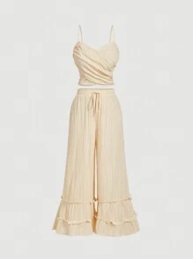 SHEIN MOD 杏色裹胸上衣、荷叶边松紧腰阔腿裤、大码度假套装