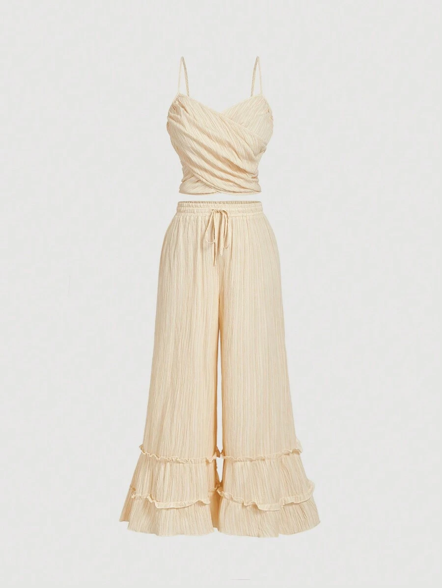 SHEIN MOD 杏色裹胸上衣、荷叶边松紧腰阔腿裤、大码度假套装