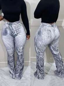 SHEIN Slayr Women's Denim Effect Print Slim Fit Flare Pants - Multicolor - View 1