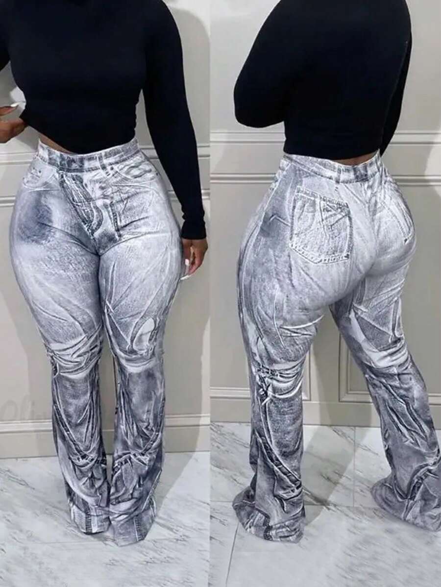 SHEIN Slayr Women's Denim Effect Print Slim Fit Flare Pants - Multicolor - View 1